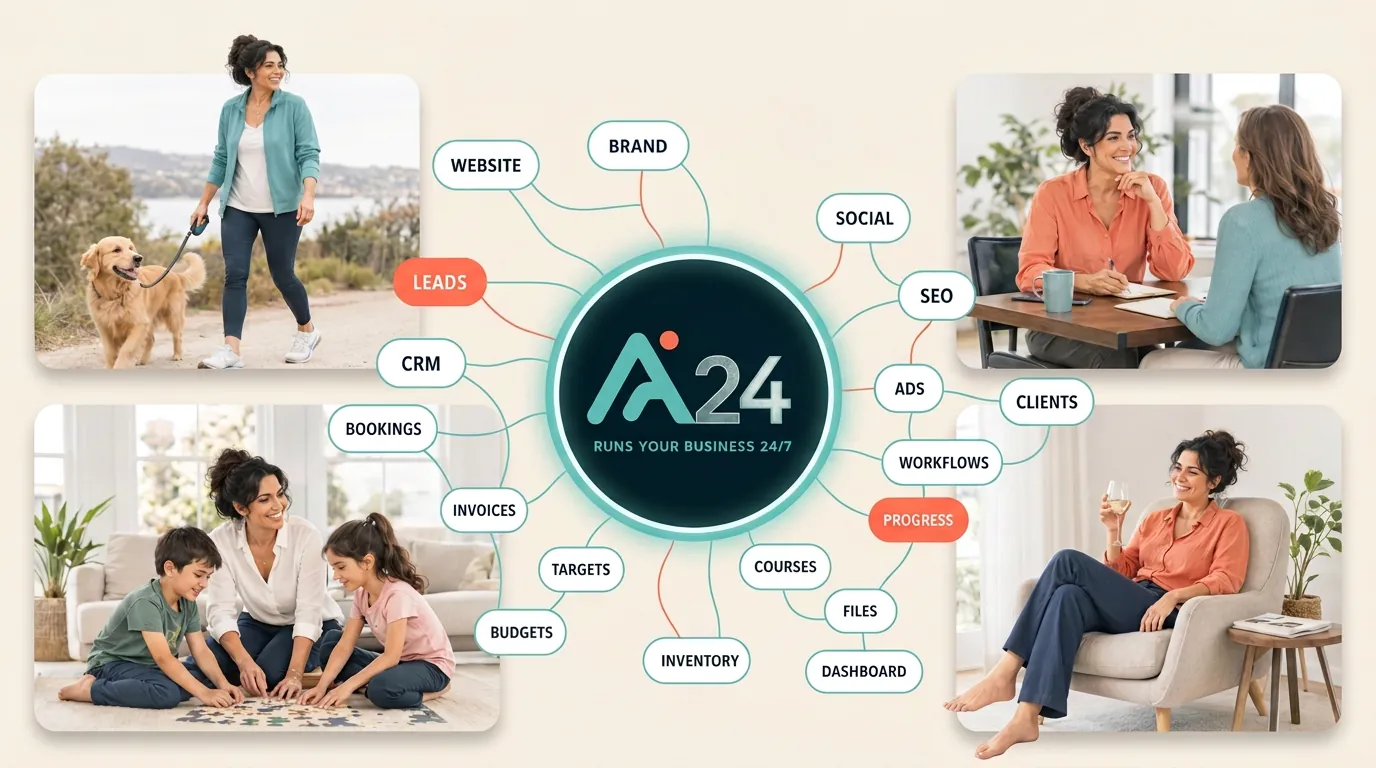 Alive24 running the whole business while the owner walks the dog, meets a client, plays with the children and relaxes
