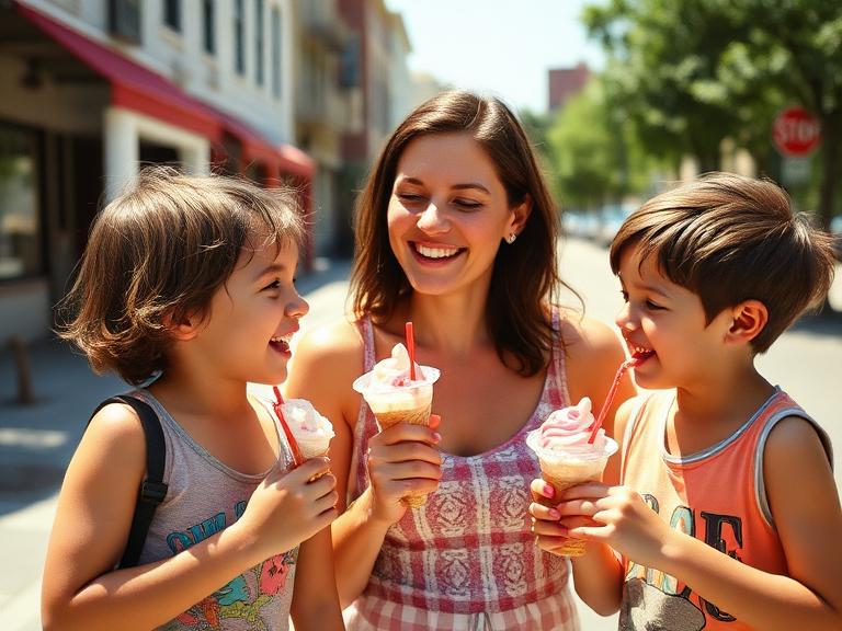 Mother and two children laughing over ice cream on a sunny street