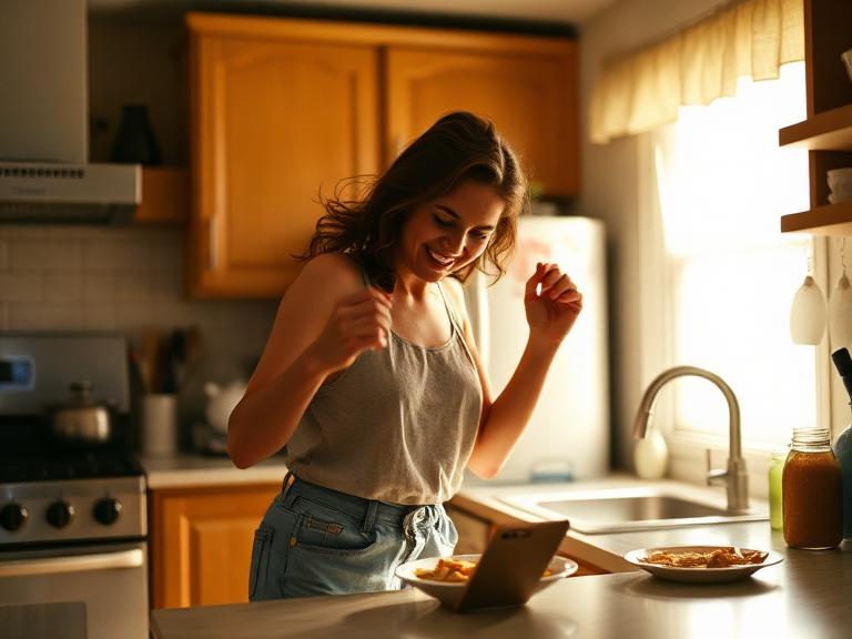 Business owner dancing to music while cooking dinner at home